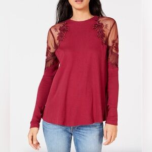 Free People Burgundy Daniella Embroidered Illusion Long Sleeve Ribbed Top